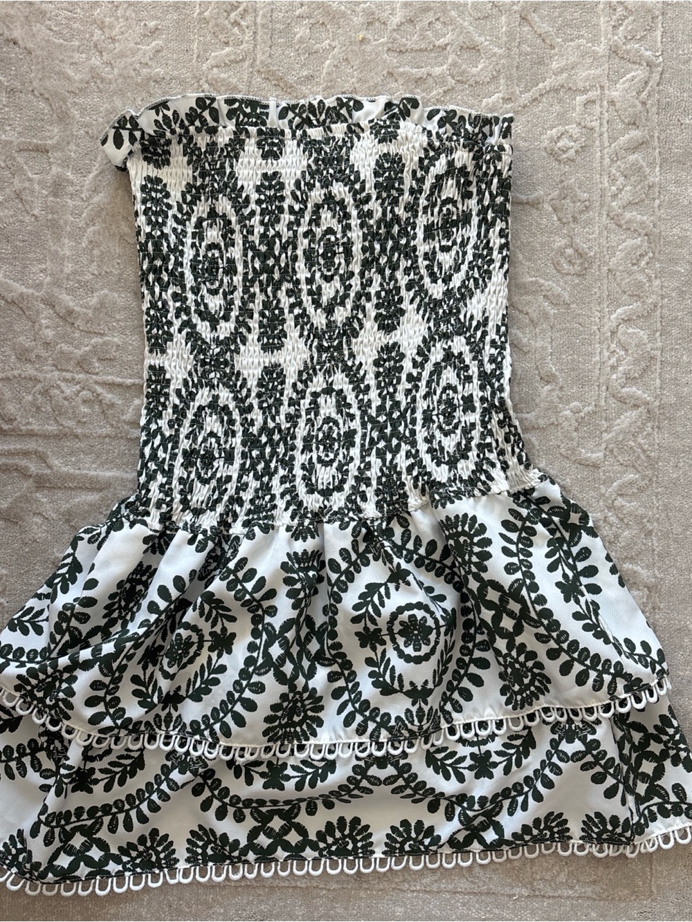 Strapless White Dress with Dark Green Print